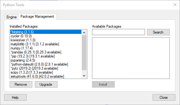 Python Tools - Package Management Python Tools Package Management dialog box