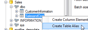 the Data Sources tab showin selecting the right-click menu and the Create Table Alias option selected