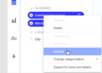 Unpivot option in the pop-up menu of the Data panel.