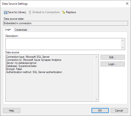 Source Login Details on Data Source Settings - Login tab