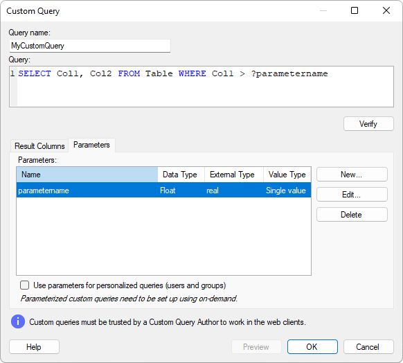 Parameters in custom queries