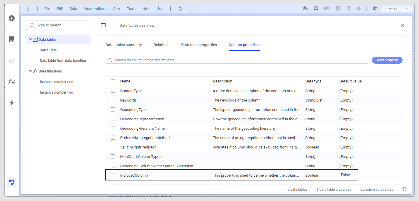 Adding a new data table or column property