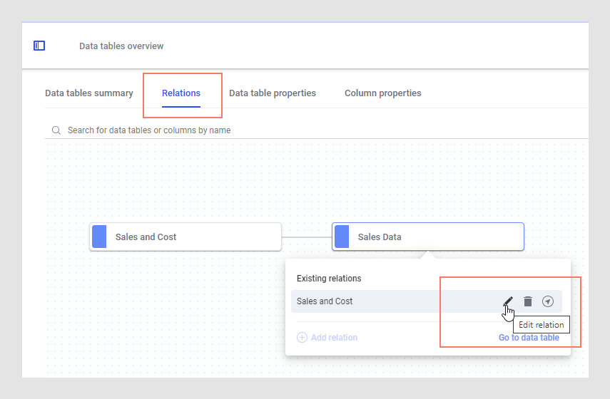 Adding or editing a relation between two data tables