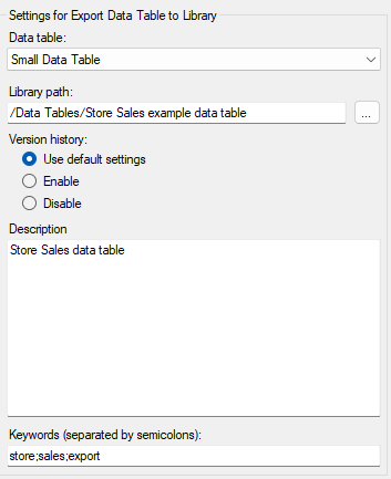 Export Data Table to Library dialog