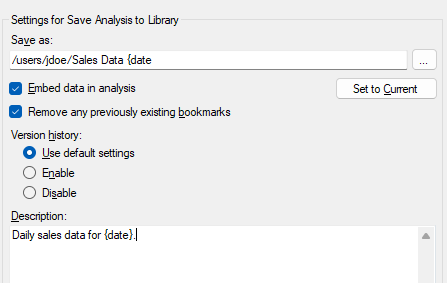 Save Analysis to Library dialog