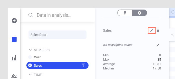 Editing a column name in the expanded data panel.