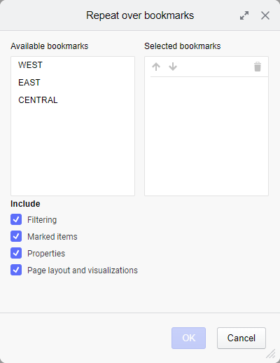 Repeating pages and visualizations over bookmarks