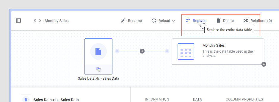 Expanded data table button and replace data button.