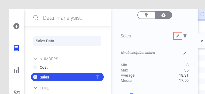 Editing a column name in the expanded data panel.