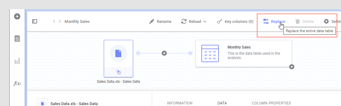 Expanded data table button and replace data button.