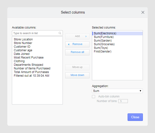 Select columns dialog.