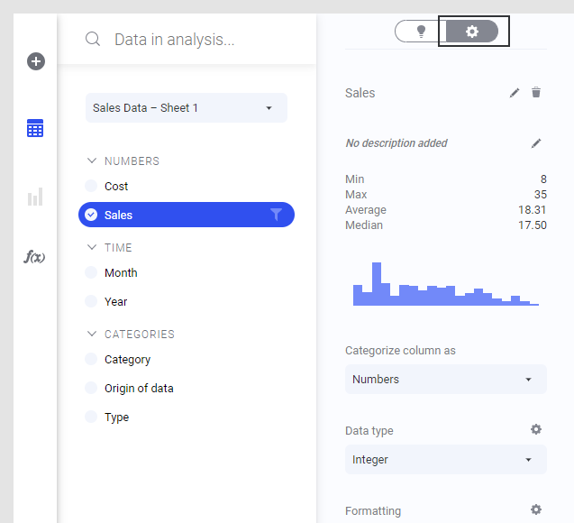 Column details in the Data in analysis flyout