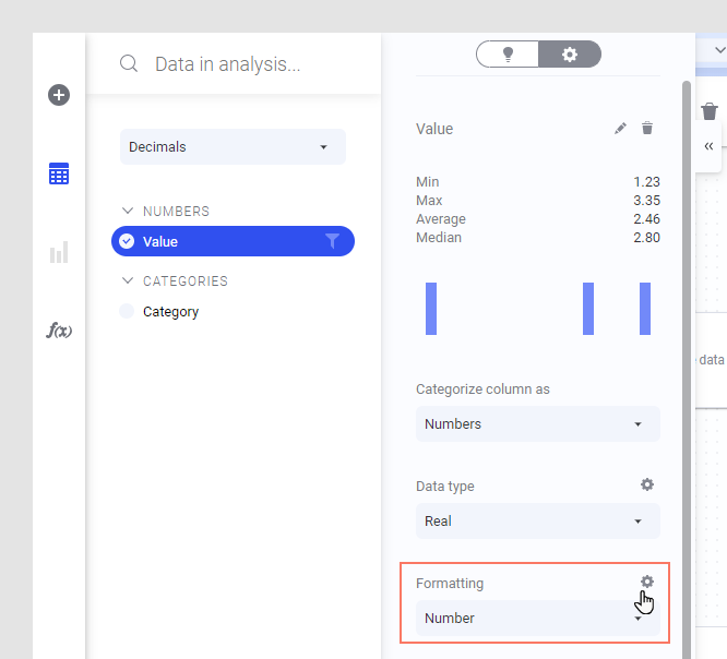 Formatting section in expanded data panel.
