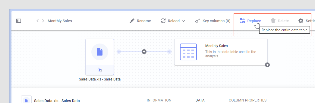 Expanded data table button and replace data button.