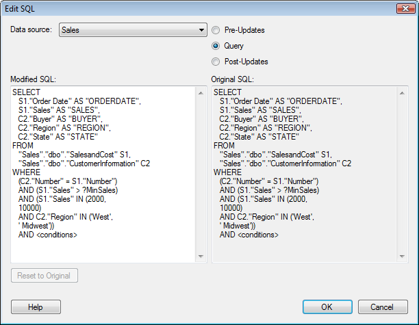 显示已编辑的 SQL 查询的“编辑 SQL”对话框