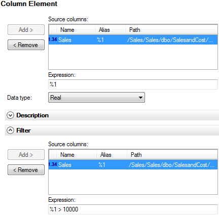 Captura de pantalla del filtro SQL para un elemento de columna