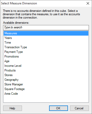 Seleccionar una dimensión de medida en conexiones de Oracle Essbase