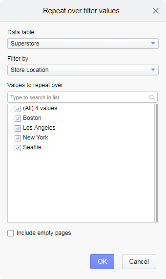 Repeat over filter values dialog