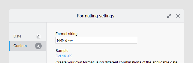 Formatting settings, custom format string.