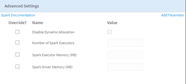 Spark operators Advanced Settings dialog 
    