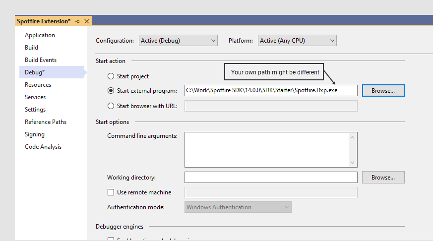 Debugging setting in Visual Studio 2012