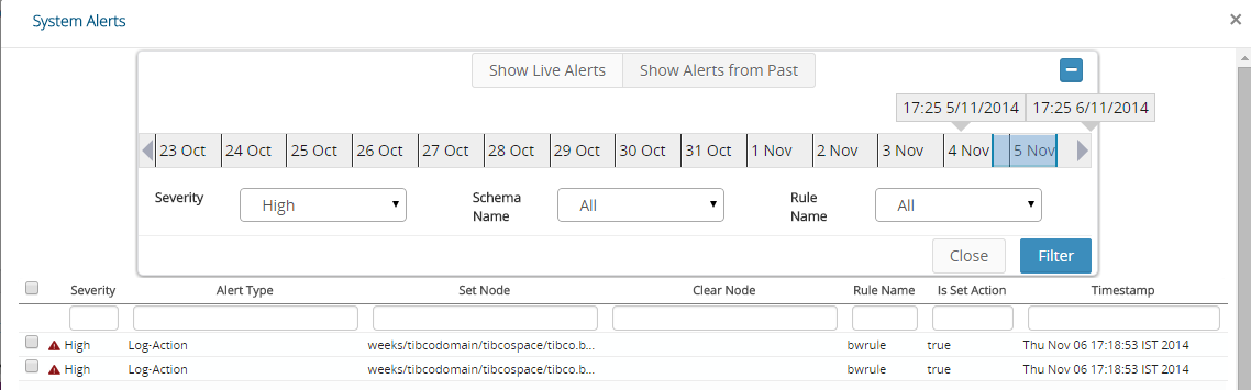 The time slider helps you filter alerts from a specific time period.