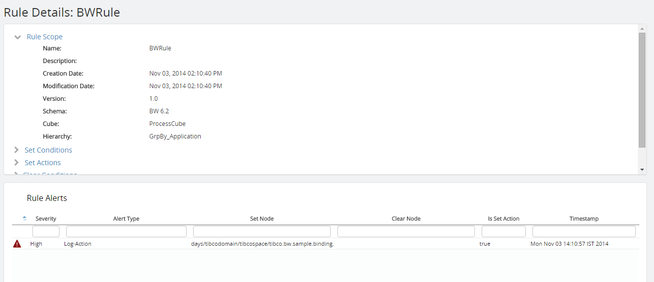 Clicking a rule in the Rules pane shows all the details of that rule, along with the alerts triggered by that rule.