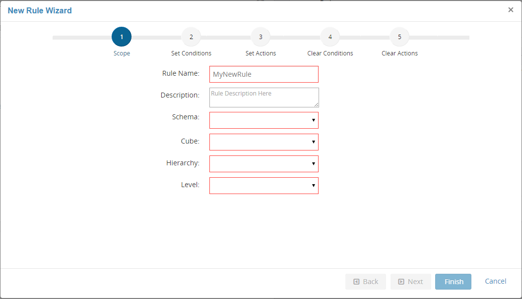 Type the rule name and description. Select the schema, cube, hierarchy, and level for the new rule.