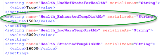Configuration text around "Health_ExhaustedTempDiskMb"