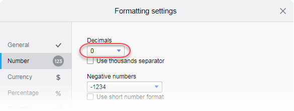 Configurações de formatação, zero decimais.