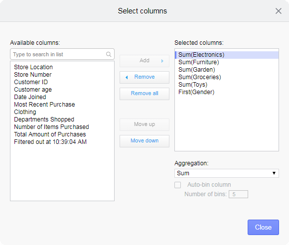 Select columns dialog.