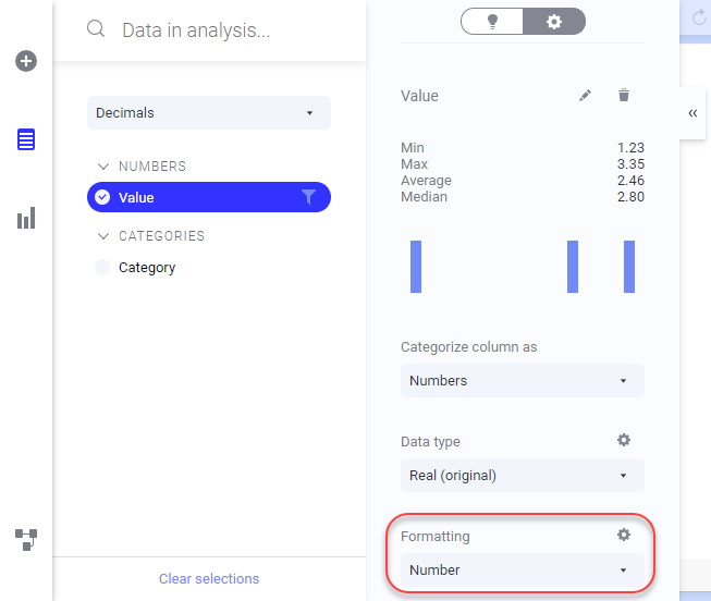 Formatting section in expanded data panel.