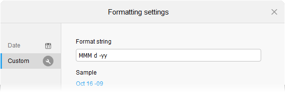 Formatting settings, custom format string.