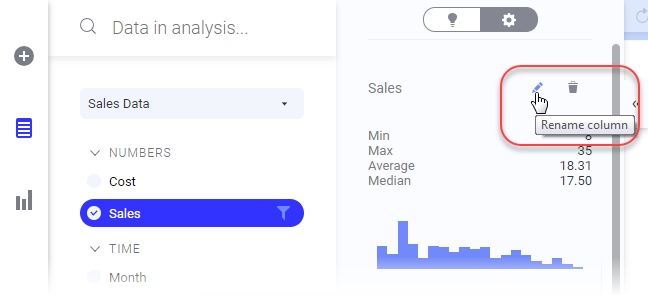 Editing a column name in the expanded data panel.