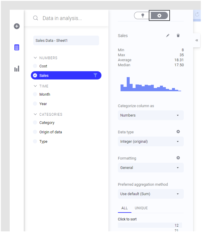 Column details in the Data in analysis flyout