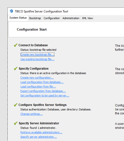 System Status page of Spotfire Server configuration tool with 4 green check marks