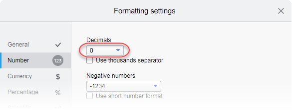 Formatting settings, zero decimals.