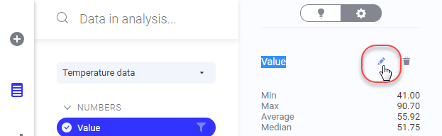 Editing a column name in the expanded Data panel.