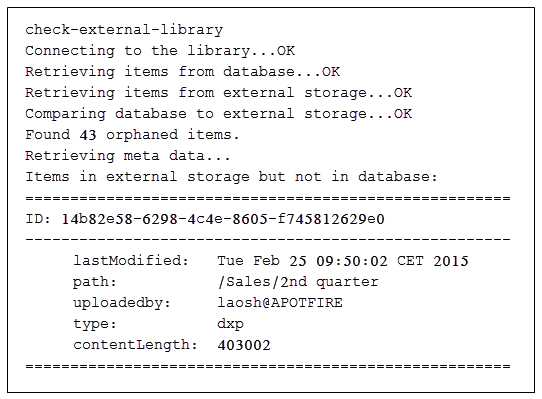 Example of the report that is produced by running 'check-external-library' command