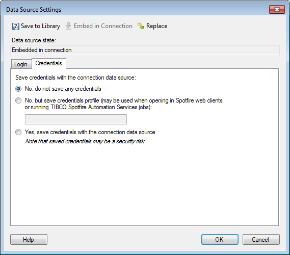 Data source settings - Credentials dialog box