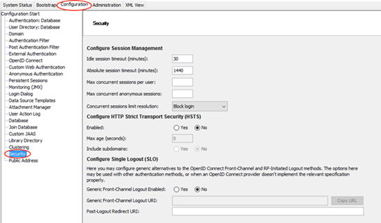 Configuration tab, Security dialog box