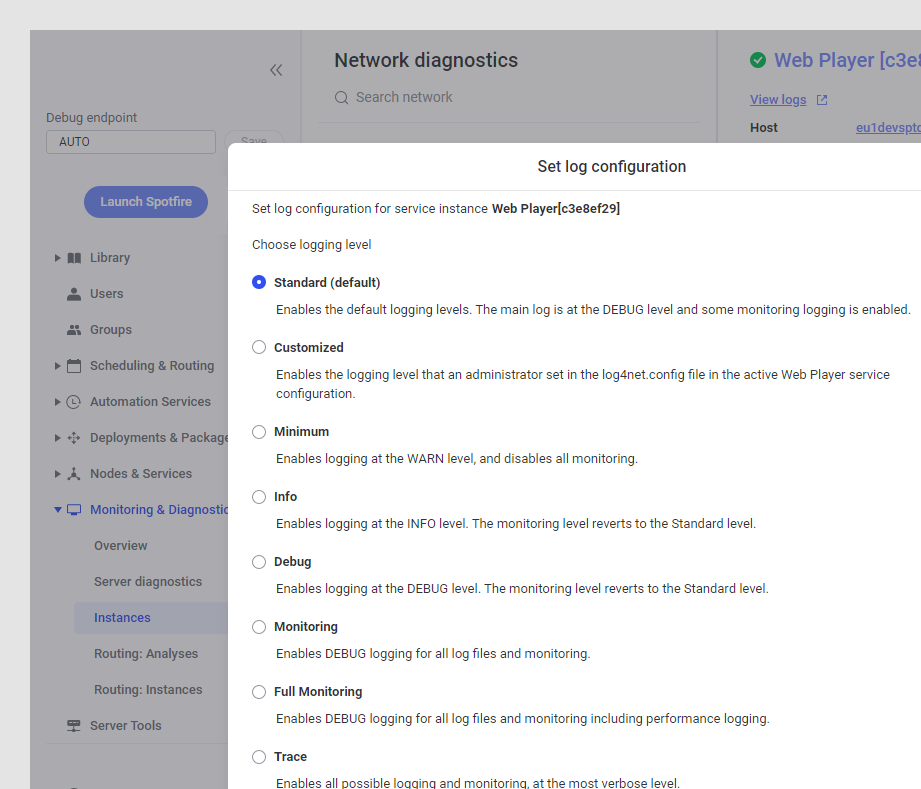 Changing service instance logging levels