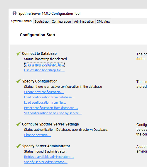 System Status page of Spotfire Server configuration tool with 4 green check marks