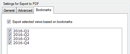 Export to PDF dialog, Bookmarks tab