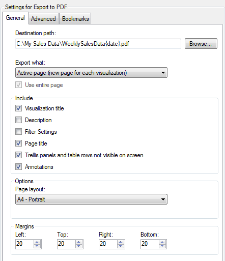 Export to PDF dialog, General tab