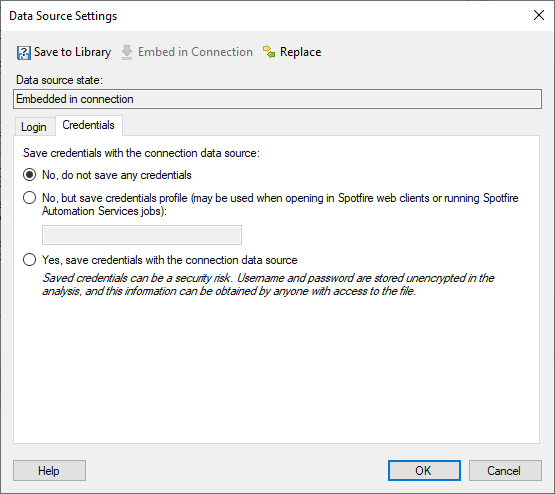 Data source settings - Credentials dialog box