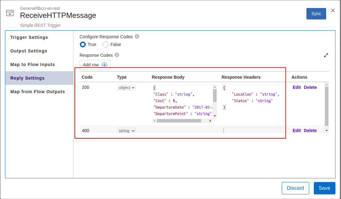Screenshot of Reply Settings of REST trigger for multiple response codes.