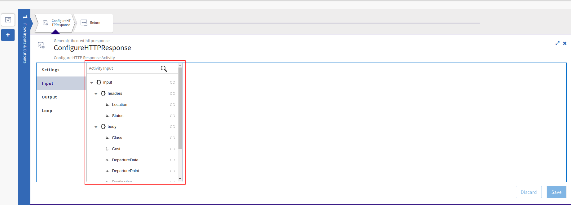 Screenshot of Input of ConfigureHTTPResponse activity.