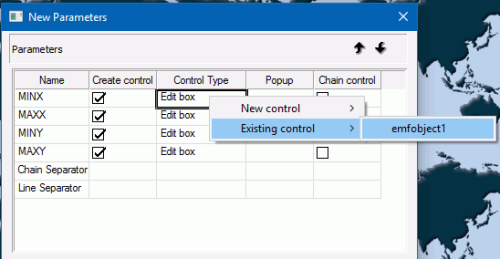 [新規パラメータ] ダイアログボックスで emfobject1 をパラメータコントロールとして設定