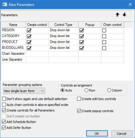 [コントロールの作成] の [ポップアップ] を選択した [新規パラメータ] ダイアログボックス